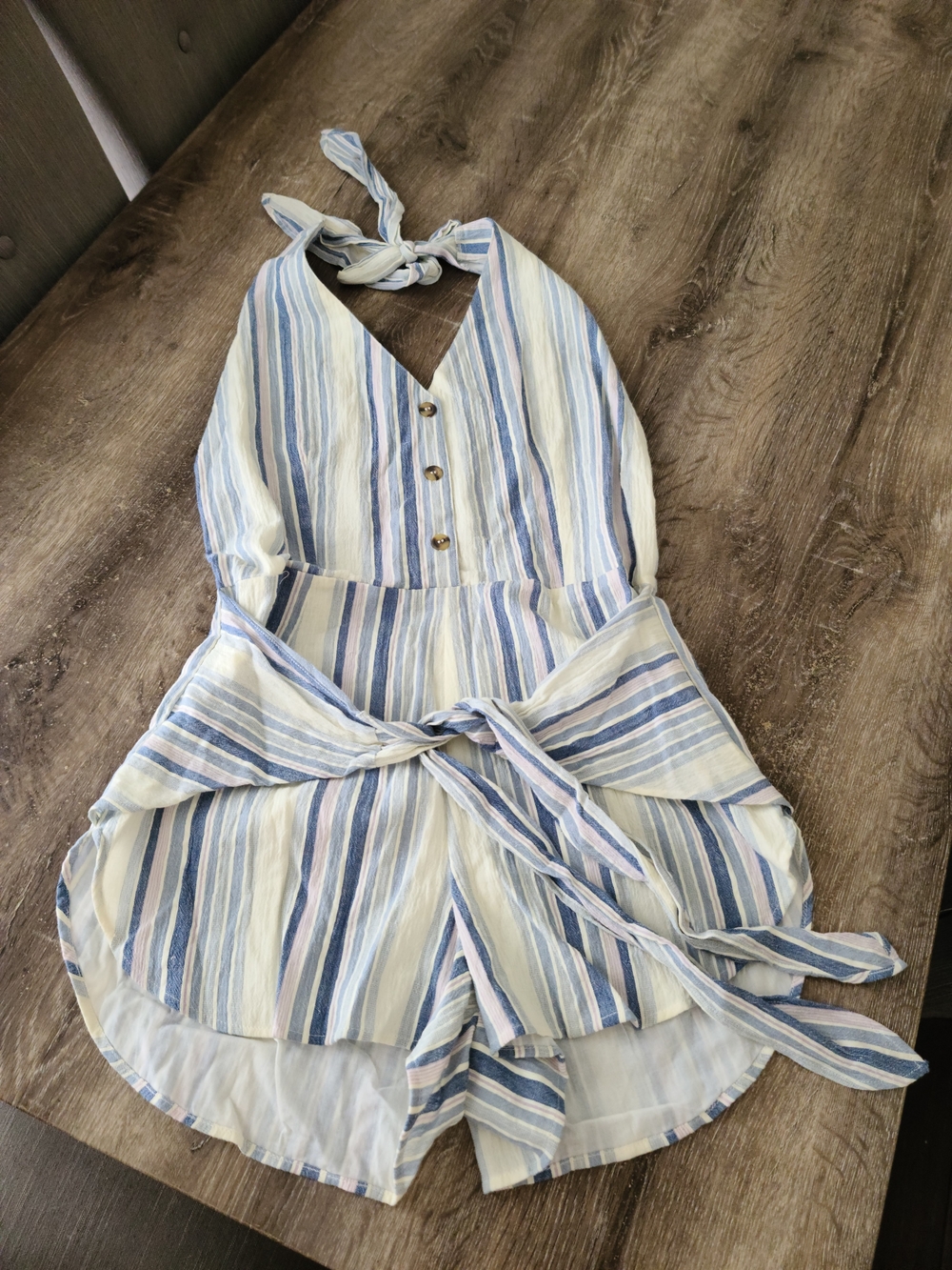 En Creme Blue and White Striped Halter Romper
